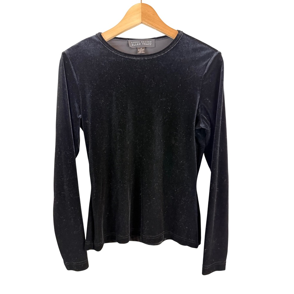 Linda Allard Ellen Tracy Velvet Top Women 10 Black Long Sleeve Crew Neck